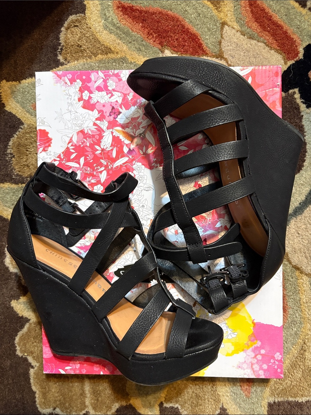 Chinese Laundry Black Strappy Wedge Sandals